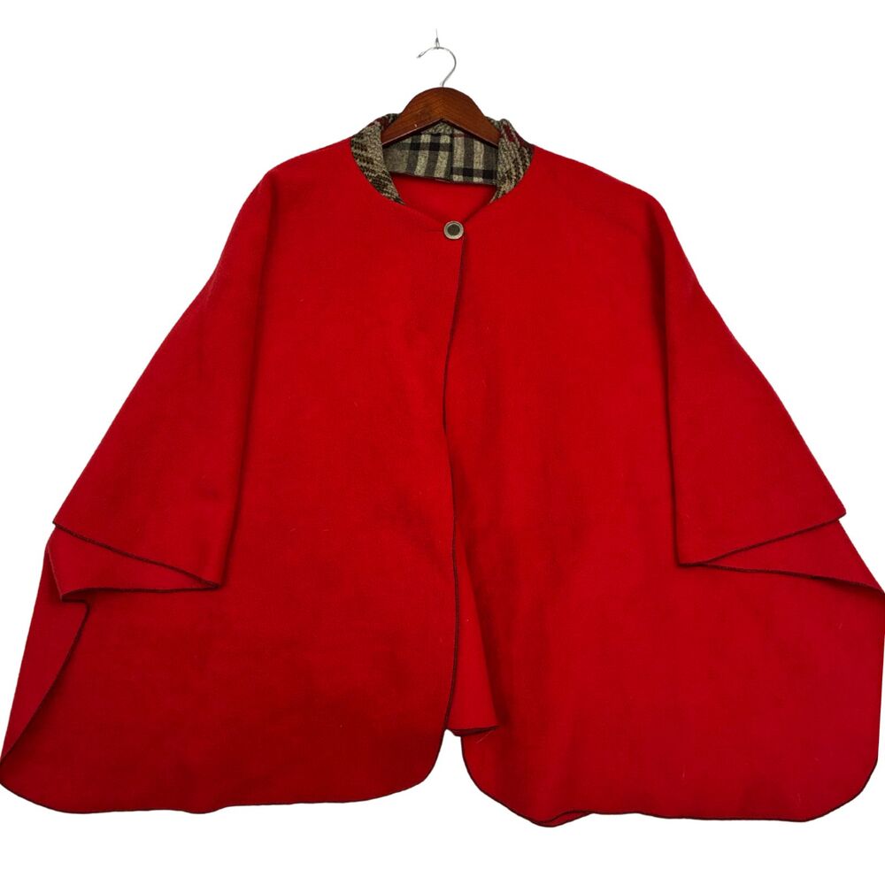 Gemini Red Fleece Cape Poncho One Size Plaid Scarf Collar USA Made Womens